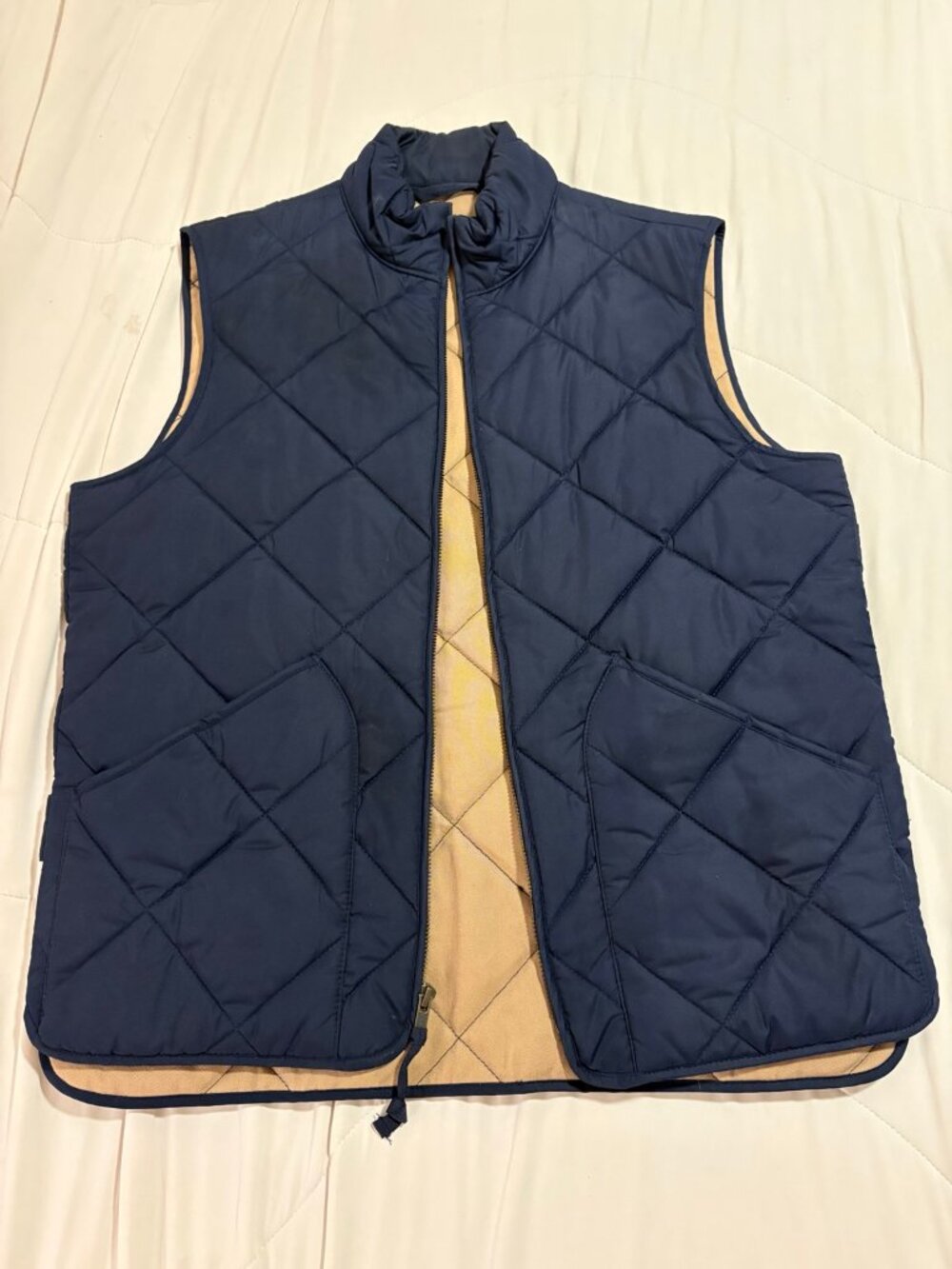 J.Crew Navy Diamond Quilted Vest Men's Small Tan Lining